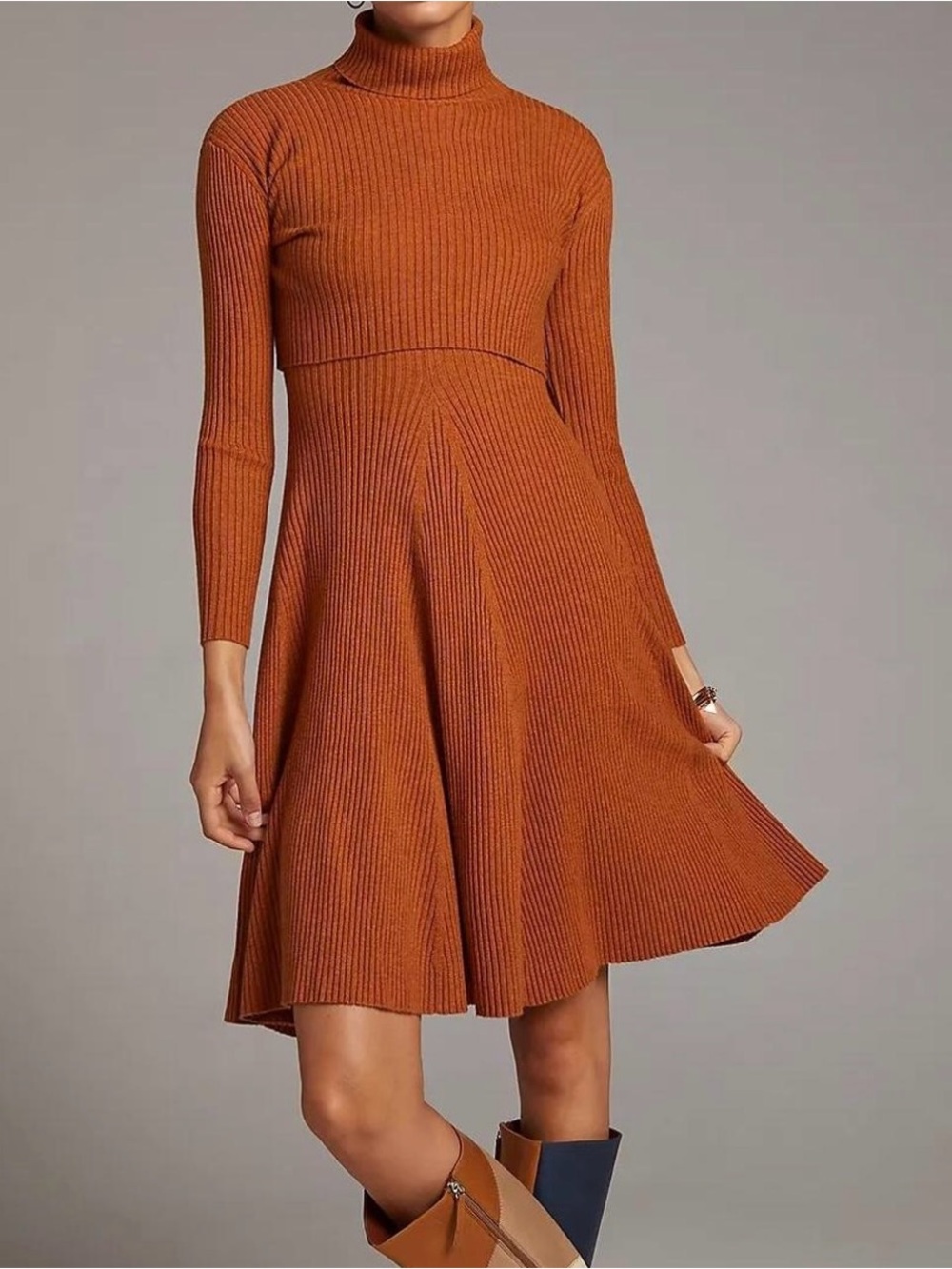 Anthropologie Maeve Ribbed Turtleneck Fit-and-Flare Dress — Rust Orange